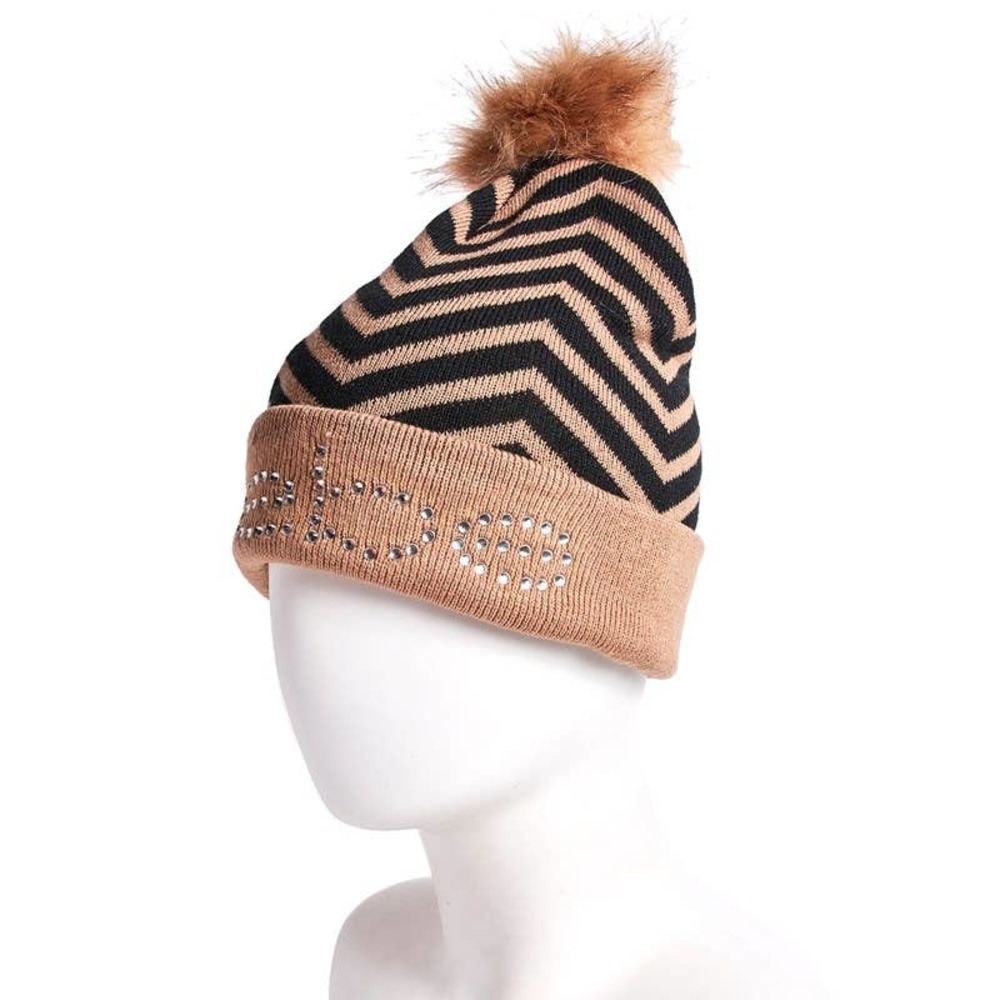BEBE Women's Beanie Hat Pom Pom Brown Black New